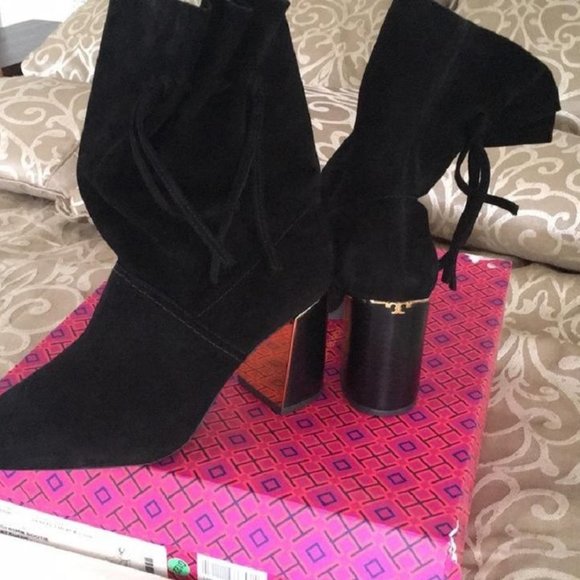 NWT Tory Burch®  Suede metal logo block heel bootie with tassel - Picture 8 of 11